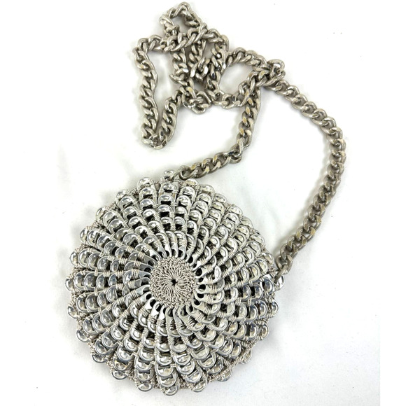 Dalaleo Italian Designer Pop Top Crocheted Purse Handbag Crossbody Silver - Picture 1 of 11